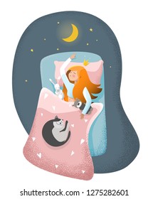 Sleeping girl with cat and toys on comfortable bed with pillow and blanket. Sleeping princess with long hairs. Good night. Sweet Dreams.