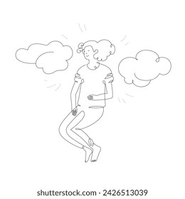 Chica durmiente con nubes, ilustración de arte de línea aislada