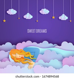 Sleeping girl in clouds in paper cut style. Young woman sleep and dreaming in night sky with gold stars on rope. Creative craft cloudy landscape. Fairy good night and sweet dreams vector illustrations