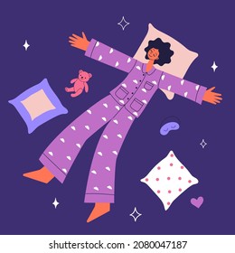 Sleeping girl in colorful pajamas with objects and doodle elements. Healthy sleep concept