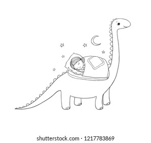 Sleeping girl and dinosaur. Good night sweet dreams. Children's tale. Coloring book