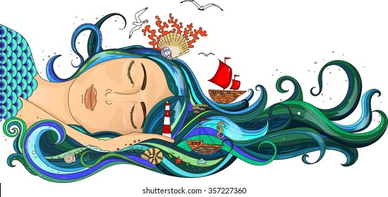 Sleeping girl dream, a fairy tale. Hair wave. Vector.