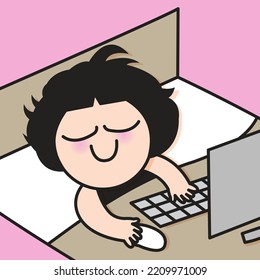 Sleeping Girl Dreaming Of Working In A Bed Concept Card Character illustration