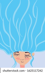 Sleeping girl with freckles and very long blue hair. Lettering inscription. Vector stock illustration, postcard, print, business card, certificate. Dreamy concept for a hairdresser, colorist.