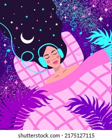 Sleeping girl with headphones. woman dreaming in night sky and stars. vector illustration