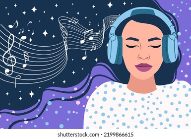 Sleeping girl with headphones. woman dreaming in night sky and stars. vector illustration