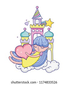 sleeping girl with heart in the castle and clouds