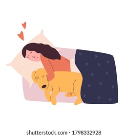 Sleeping girl hugging her dog. Love your pet concept. Vector illustration.