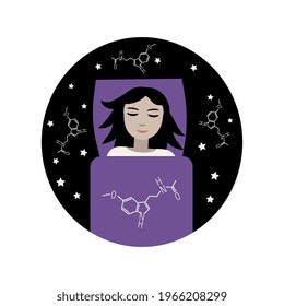 Sleeping girl illustration and melatonin molecule