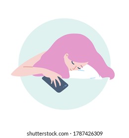 Sleeping girl. Illustration of a young sleeping girl holding a mobile phone in a her hand. Vector 8 EPS.