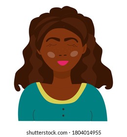Sleeping girl isolated image. A tanned girl with curly hair, freckles on her face and bright pink lips. Universal image. Vector graphics. Flat.