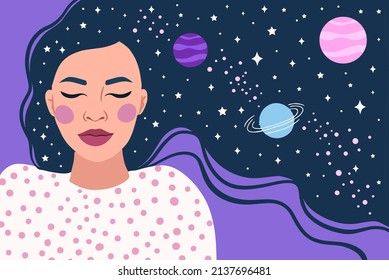 sleeping girl with long hair. woman dreaming in night sky and stars. vector illustration