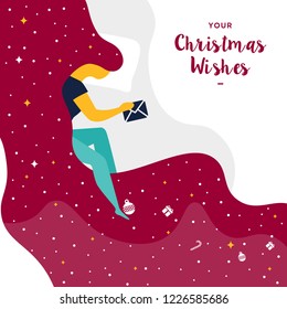 Sleeping girl with long wavy hair holds an envelope with Christmas wishes in her hand. Stars in the long wavy hair. In anticipation of the Christmas holidays. Snowfall and a mountain of gifts. 