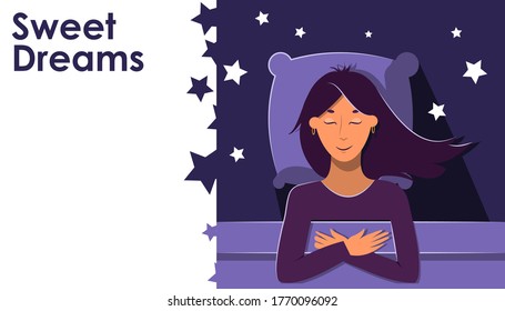 Sleeping girl, night, stars around. Young lady, bedtime, healthy habit, daily regime concept flat vector illustration. Copy space for text, logo. Good mood, sweet dreams. Bedclothes, bed linen advert