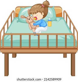 A sleeping girl on the bed with rabbit doll illustration