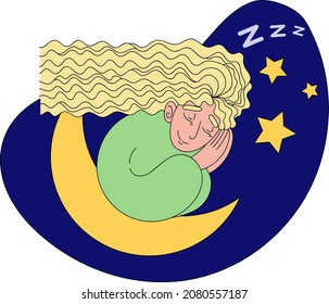 Sleeping girl on a crescent moon. Cute illustration sticker for your design and postcards. Romantic vector art with night sky and stars.