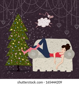 The sleeping girl on a sofa and a running sheep near the Christmas tree