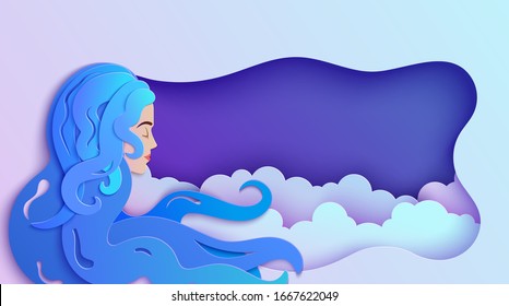 Sleeping girl in paper cut style. Young woman sleep and dreaming. Wavy papercut frame with night sky. Fairy good night and sweet dreams vector illustrations. Creative craft cloudy landscape.