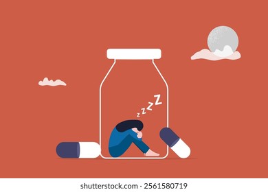 Sleeping girl in the pill bottles. concept of pills, good sleep, Insomnia, exhausted and frustrated