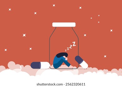 Sleeping girl in the pill bottles. concept of pills, good sleep, Insomnia, exhausted and frustrated