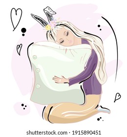 Sleeping girl with a pillow. Vector illustration.