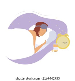 Sleeping girl with pillows and sleeping pills and alarm clock next to her flat vector illustration