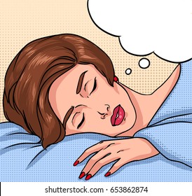 Sleeping girl. Portrait of beautiful brunette woman and speech bubble for text. Colorful comics vector illustration in pop art style.