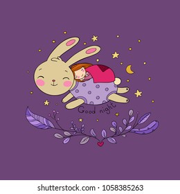 A Sleeping Girl And A Rabbit. Good Fairy Tale. Good Night. Time To Sleep. Vector Illustration. Flowering Branches. The Summer Dream.