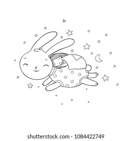 A sleeping girl and a rabbit. Good fairy tale. Good night. Time to sleep. Vector illustration. The summer dream.