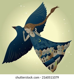 
a sleeping girl with red hair braided in a braid flies on the back of a huge dark blue bird. the girl's blue dress represents a night city with houses. mysterious and fabulous illustration