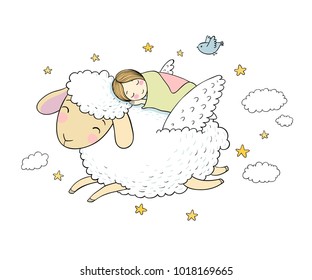 A sleeping girl and a sheep with wings. Good night. Sweet dreams. Vector illustration. bed time. Isolated objects on white background. 