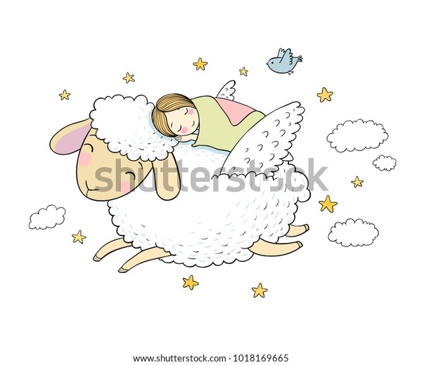 眠る少女と翼を持つ羊 おやすみ 甘い夢 ベクターイラスト 寝る時間 白い背景に分離型オブジェクト のベクター画像素材 ロイヤリティフリー