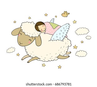 A sleeping girl and a sheep with wings.Good night. Sweet dreams. Vector illustration. bed time. Isolated objects on white background. 