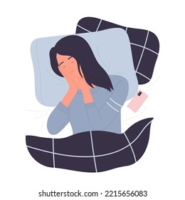 Sleeping girl with smartphone. Woman alone lying in bed, night dreaming time vector illustration