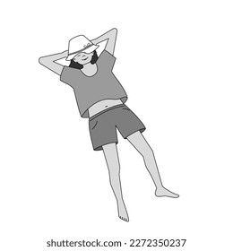 Chica durmiendo con ropa de verano. Ilustración de escala de grises aislada por vectores en el estilo de contorno relleno.