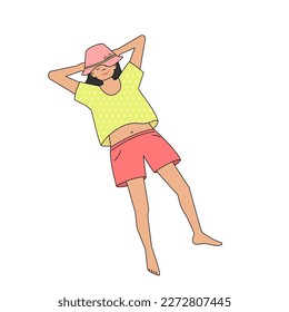 Sleeping girl in summer clothes. Vector isolated color illustration in filled outline style.