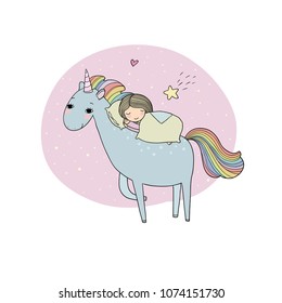 A sleeping girl and a unicorn. Design for children's pajamas?. Time to sleep. Good night. Sweet Dreams