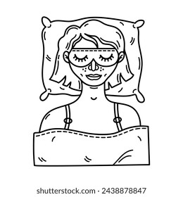 Sleeping girl vector illustration. A cute smiling person with a sleep mask and pajamas, lies on a pillow covered with a blanket. Night rest, napping in a bed. Hand drawn doodle, black and white sketch