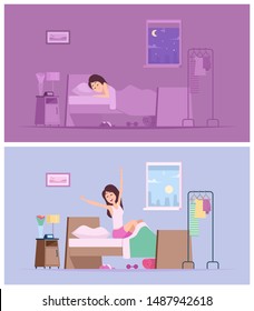 Sleeping girl. Wake up joyful woman morning stretching in bed vector cartoon illustrations