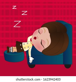 sleeping girl with Zzz sign above his head, lying on an armchair, legs resting on an ottoman. vector color emoji on pink checkered background.