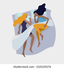 Sleeping girls character. woman are sleep in bed together in various poses, different postures during night slumber. Top view. Colorful vector illustration