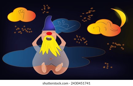 sleeping gnome under a blanket of clouds in the sky