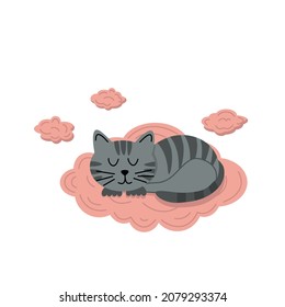 Sleeping gray cat on pink cloud. Striped pussycat. Sweet dream. Sleep. Flat, cartoon. Isolated vector stock illustration EPS 10 on white background 