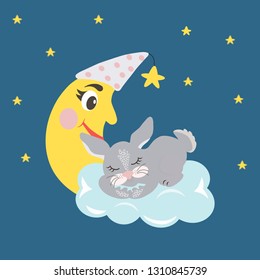Sleeping gray cute hare on a white cloud. Background with a night starry sky.  Sweet dreams design element.  
