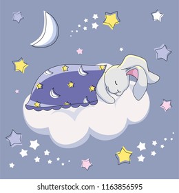 Sleeping gray hare under a blanket on a white cloud. Background with a night starry sky