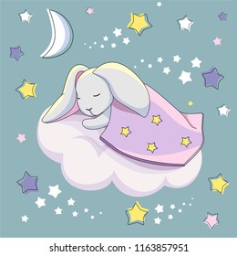 Sleeping gray hare under a blanket on a white cloud. Background with a night starry sky