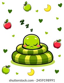 Un personaje verde durmiente en un cojín estampado, rodeado de manzanas y corazones, fondo blanco, Ilustración vectorial. Ilustración vectorial