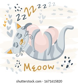 Sleeping grey cute cat baby animal. Nursery vector cartoon sleep animal cat, cute print illustration. Adorable gray and pink hand drawn Nurseries pet. Handpainted naive baby sleeping animal background