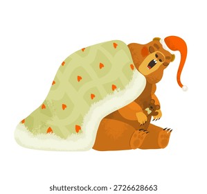 Sleeping groundhog under blanket wearing night cap Flat vector illustration in soft warm colors Isolated on white Bedtime story sleep concept children books greeting cards illustration.