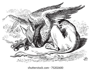 The Sleeping Gryphon - Alice in Wonderland original vintage engraving. They very soon came upon a Gryphon, lying fast asleep in the sun. Illustration from John Tenniel, published in 1865.